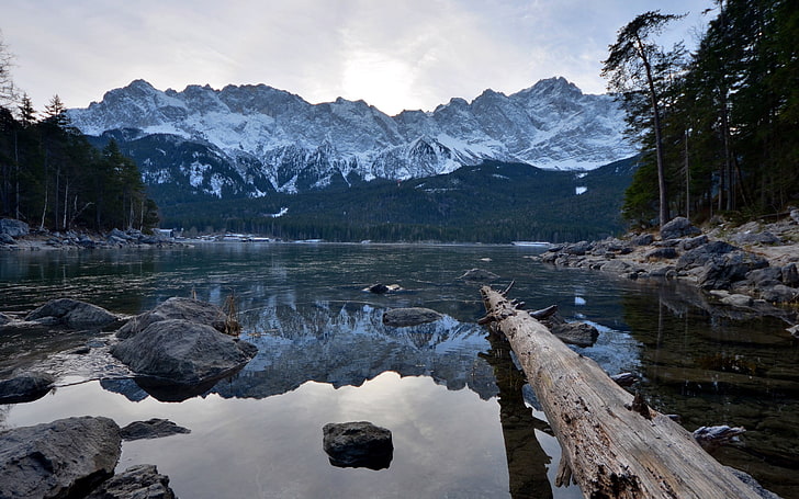 lake near mountain alps, nature, reflection, mountains, stones, HD wallpaper