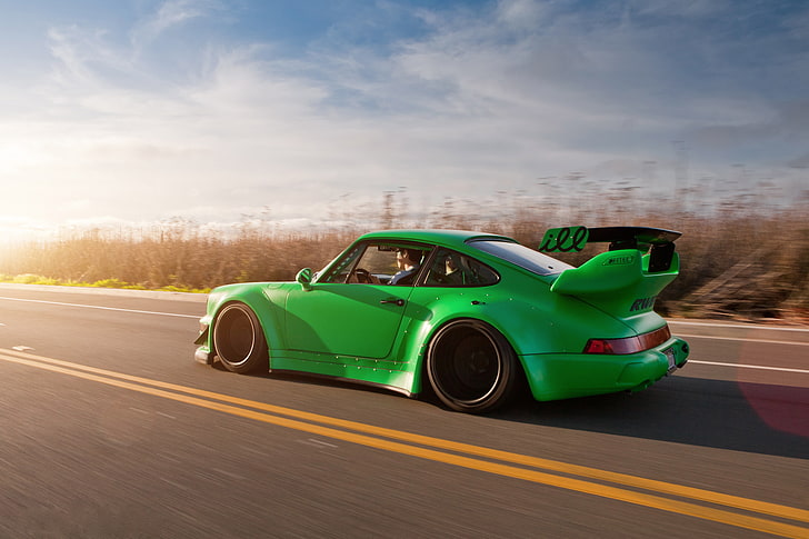green Porsche sports car, 911, road, racing tuning, speed, land Vehicle