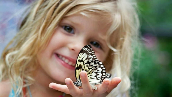 little girl, children, blonde, smiling, butterfly