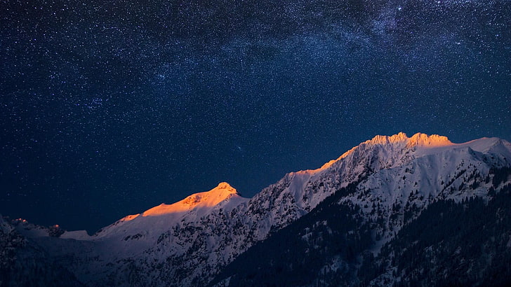 snow capped mountain, nature, landscape, mountains, stars, evening