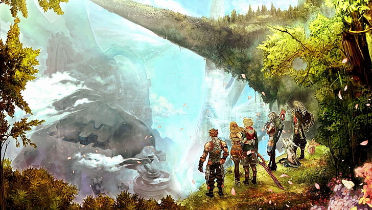 Xenoblade Chronicles, fantasy art, cliff, group of people, water
