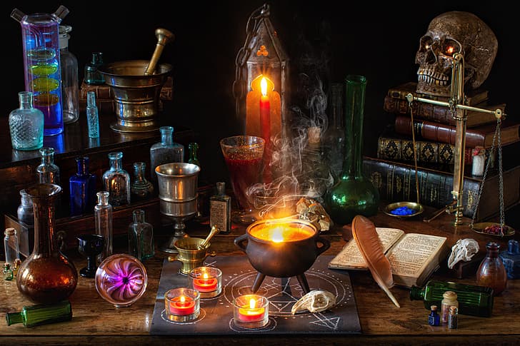 bubbles, pen, magic, books, skull, candles, Halloween, bowler