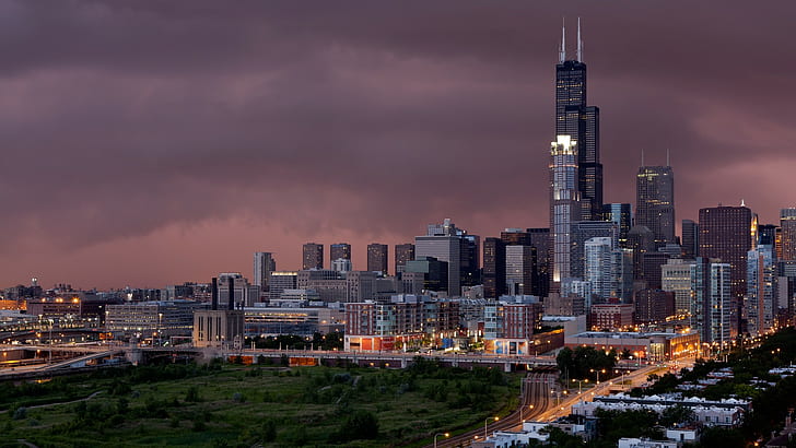 cityscape, dusk, Chicago, HD wallpaper