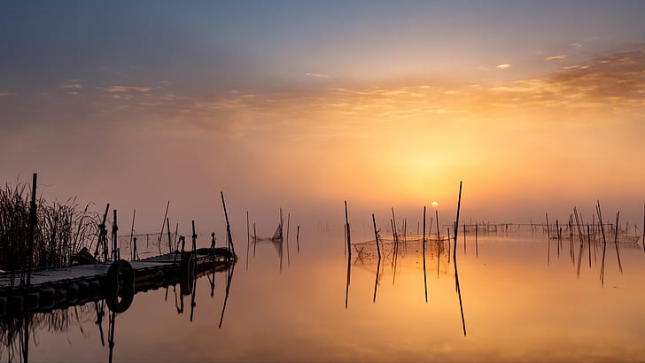 pier, sunset, lake, Japan, mist, calm waters, reflection, yellow, HD wallpaper