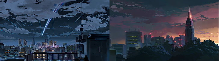 gray concrete buildings collage, Kimi no Na Wa, anime, dual monitors