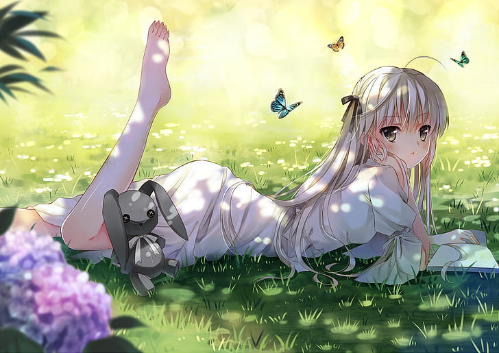 anime, Anime Girls, Barefoot, butterfly, legs, Stuffed animal, HD wallpaper