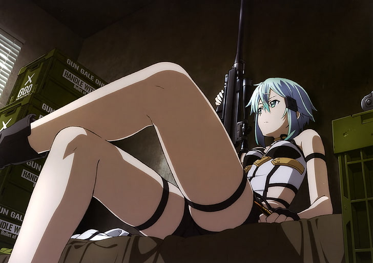 blue-haired woman holding assault rifle illustration, Asada Shino, HD wallpaper