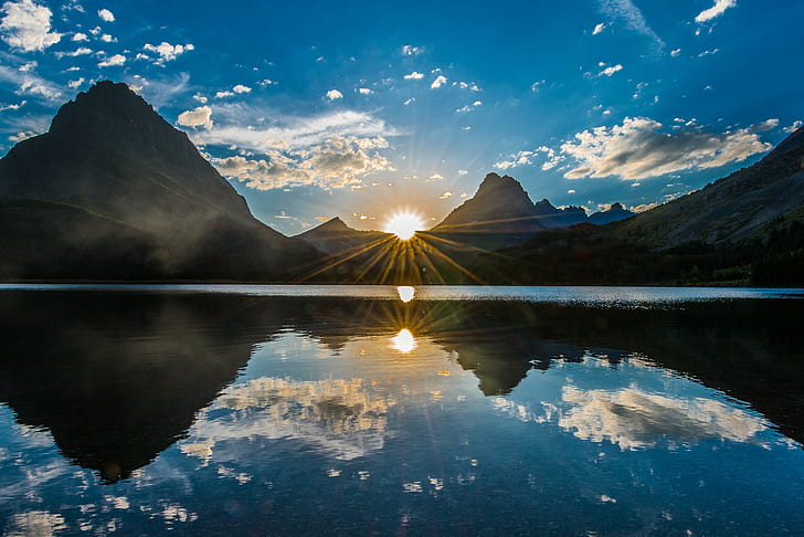 Sun Rays, Reflection, sky, clouds. sun rays, mountains, Lake, HD wallpaper
