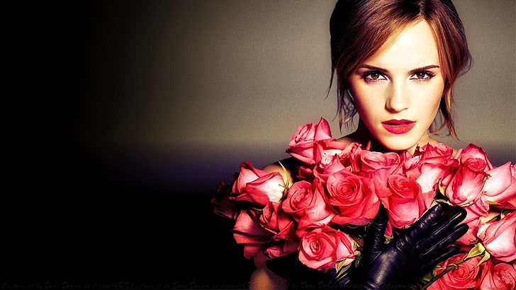 Emma Watson, gloves, hazel eyes, rose, looking at viewer, flowers