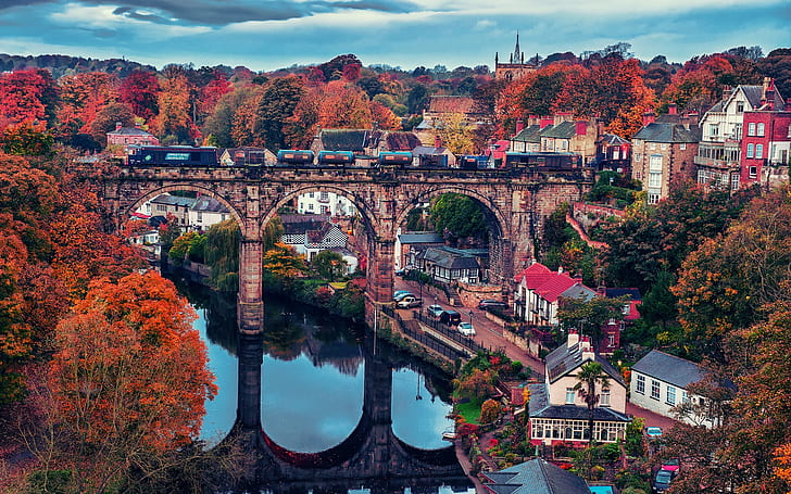 Beautiful town, bridge, house, trees, autumn, river, train, HD wallpaper