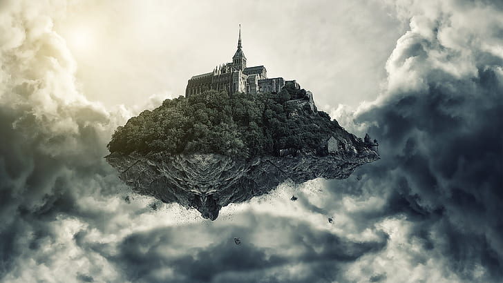 Creative arts pictures, flying island, castle, clouds, HD wallpaper