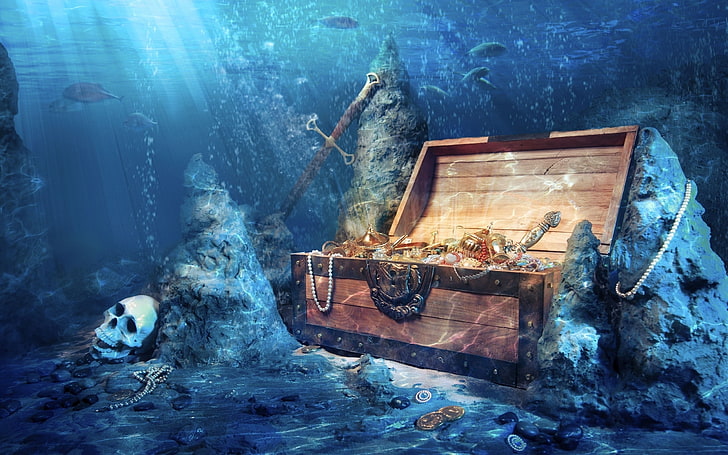 sea, underwater, skull, jewelry, boxes, pirates, digital art