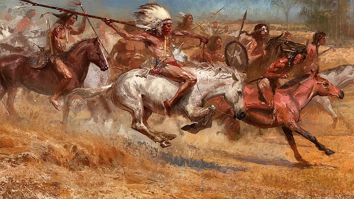 Native American war, spear, battle, Native Americans, animal, HD wallpaper