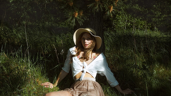 HD wallpaper: women, Sergey Moshkov, sun hats, brunette, white shirt ...