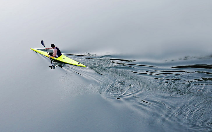 yellow kayak, kayaks, water, ripples, one person, nautical vessel