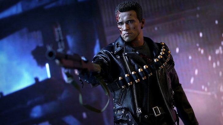 Arnold Schwarzenegger, Terminator, robot, leather jackets, gun, HD wallpaper
