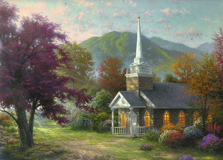 gray concrete house near trees and mountain painting, flowers