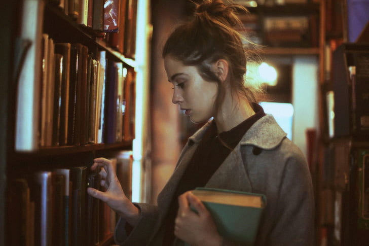 introvert, grey coat, coats, reading, books, library, HD wallpaper