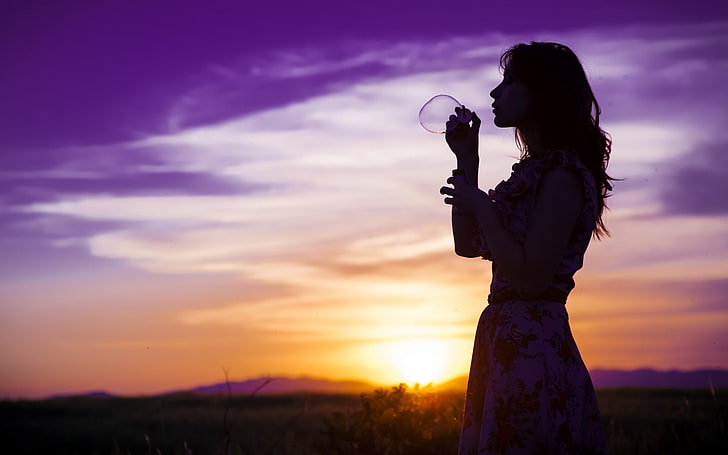 women, profile, bubbles, sunset, floral, women outdoors, purple, HD wallpaper