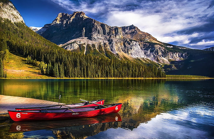 two red kayaks, landscape, nature, lake, mountains, forest, canoes, HD wallpaper