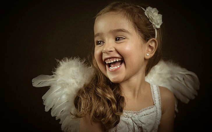 Little angel, cute girl, laughing, portrait, girl's white sleeveless dress, HD wallpaper