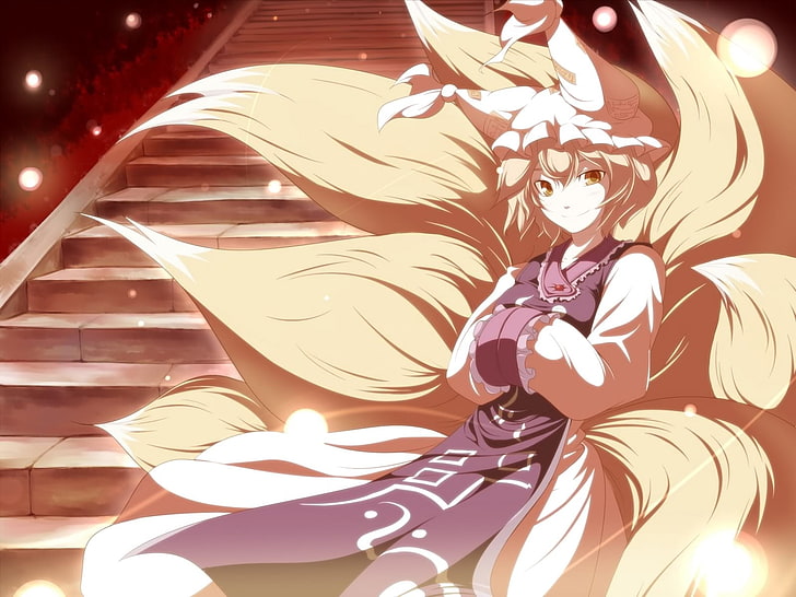 nine tails fox human form anime character, girl, blonde being
