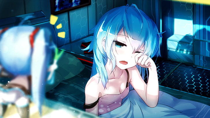 female blue-haired anime character wallpaper, sleepy, anime girls