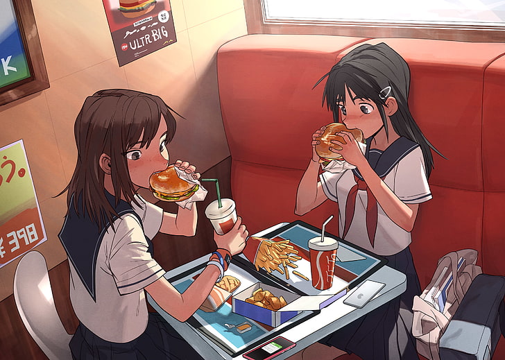 anime girls, hamburger, eating, school uniform, food and drink