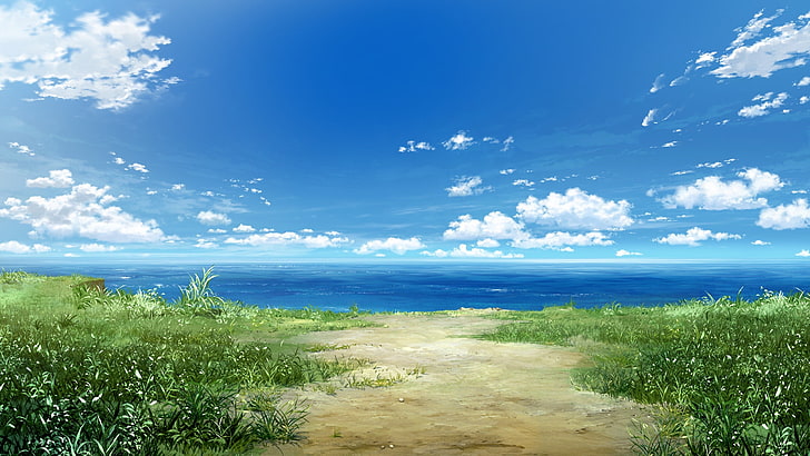 beige pathway between grass painting, sea, clouds, landscape, HD wallpaper