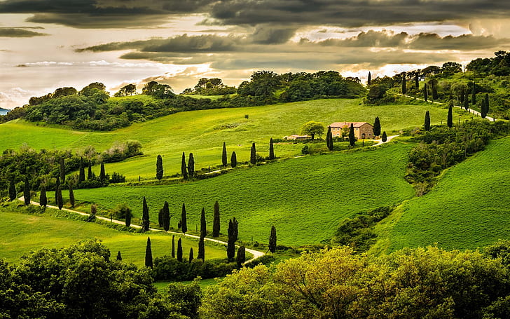 Umbria, Italy, nature landscape, hill, house, trees, green, sky, clouds, green field, HD wallpaper