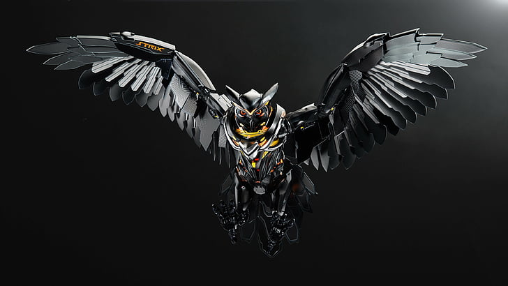 black winged armor action figure, owl, 3D, asus, 4k