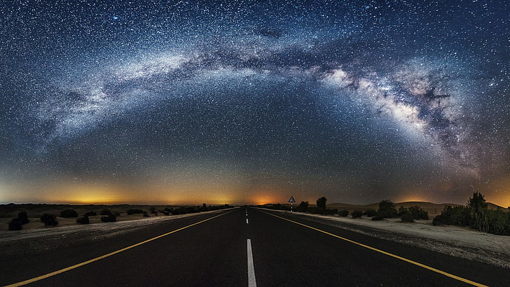 black asphalt road, stars, desert, sky, night, astronomy, star - space, HD wallpaper