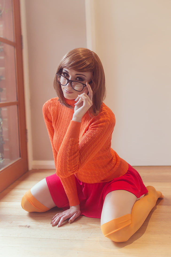 Scooby Doo Wilma character, Kayla Erin, model, kneeling, miniskirt