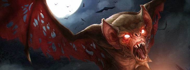 brown and red monster bat illustration, the moon, vampire, bird, HD wallpaper