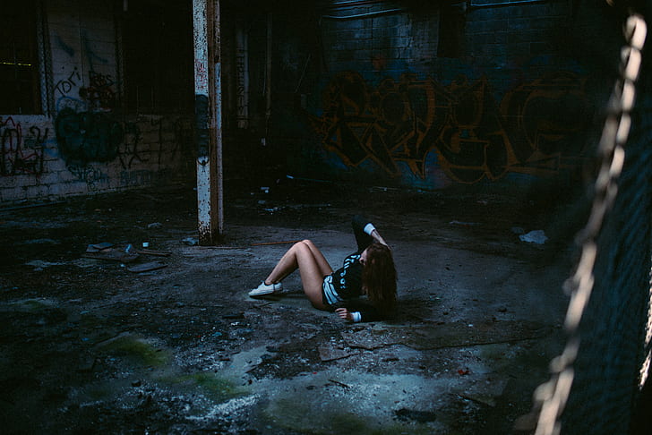 women, lying down, dark, on the floor, legs, ruin