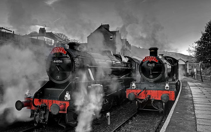 two black-and-red steam locomotive trains, railway, train station