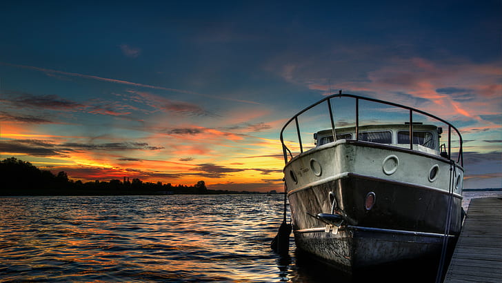 sunset, boat, HDR, lake, HD wallpaper