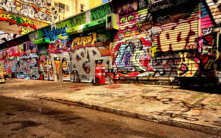 assorted-color graffiti, asphalt, wall, urban Scene, street, vandalism