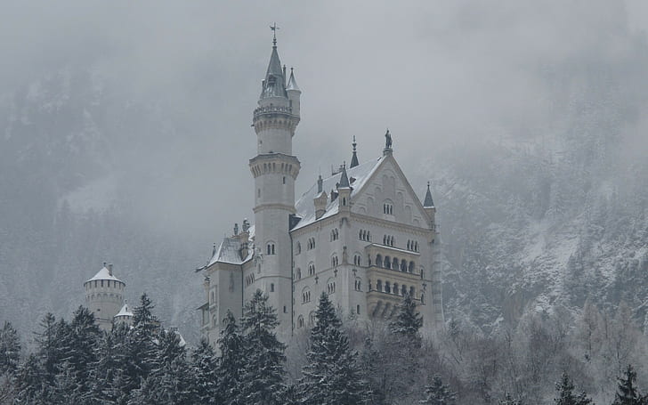 snow, winter, Germany, Gothic, Schloss Neuschwanstein, castle, HD wallpaper