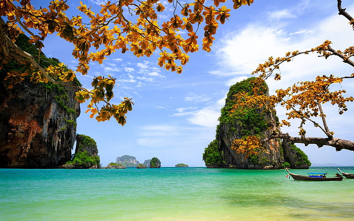 Vietnam, beautiful scenery, sea, rocks, islands, trees, leaves, boats, HD wallpaper