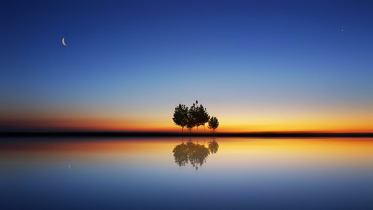 reflection, moon, water, night, horizon, lake, nature, sky
