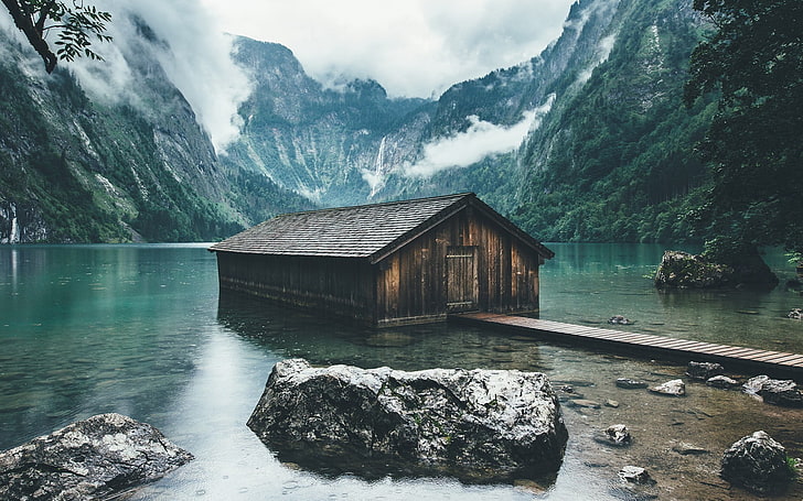 brown wooden house, lake, cabin, boathouses, mountains, clouds