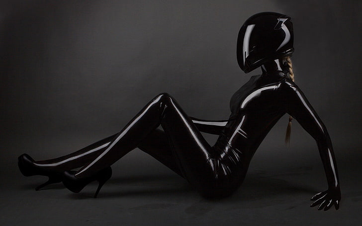 black full-face helmet, blonde, high heels, leather, women, latex