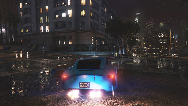 black 5-door hatchback, Grand Theft Auto V, car, rain, street, HD wallpaper