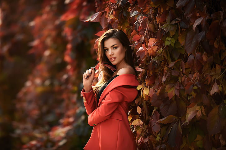 women, brunette, model, plants, Anastasia Barmina, fall, red coat