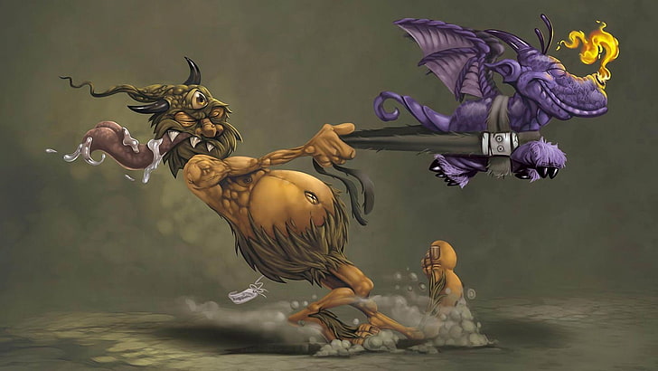 monster and dragon illustration, digital art, fantasy art, flying, HD wallpaper
