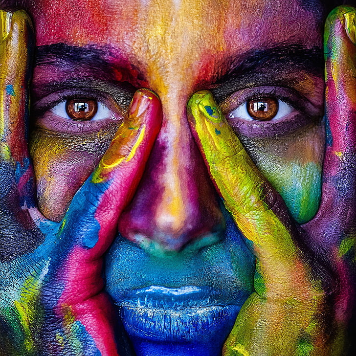 person's face, paint, multicolored, make-up, face Paint, multi Colored
