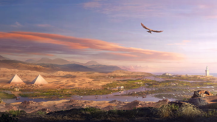 HD wallpaper: video games, landscape, Egypt, eagle, pyramid, river, Assassin's  Creed: Origins | Wallpaper Flare