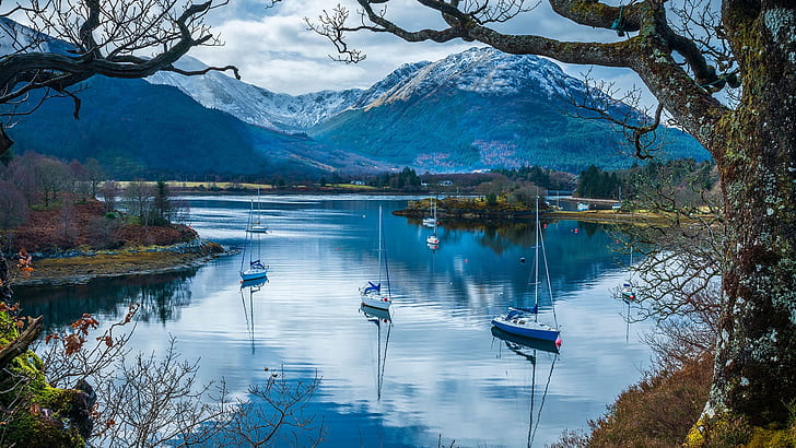 landscape, nature, sailboats, lake, mountains, reflection, Scotland, HD wallpaper