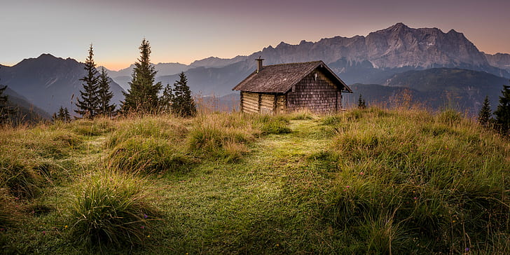 brown wooden house on top of mountain during golden hour, Alm